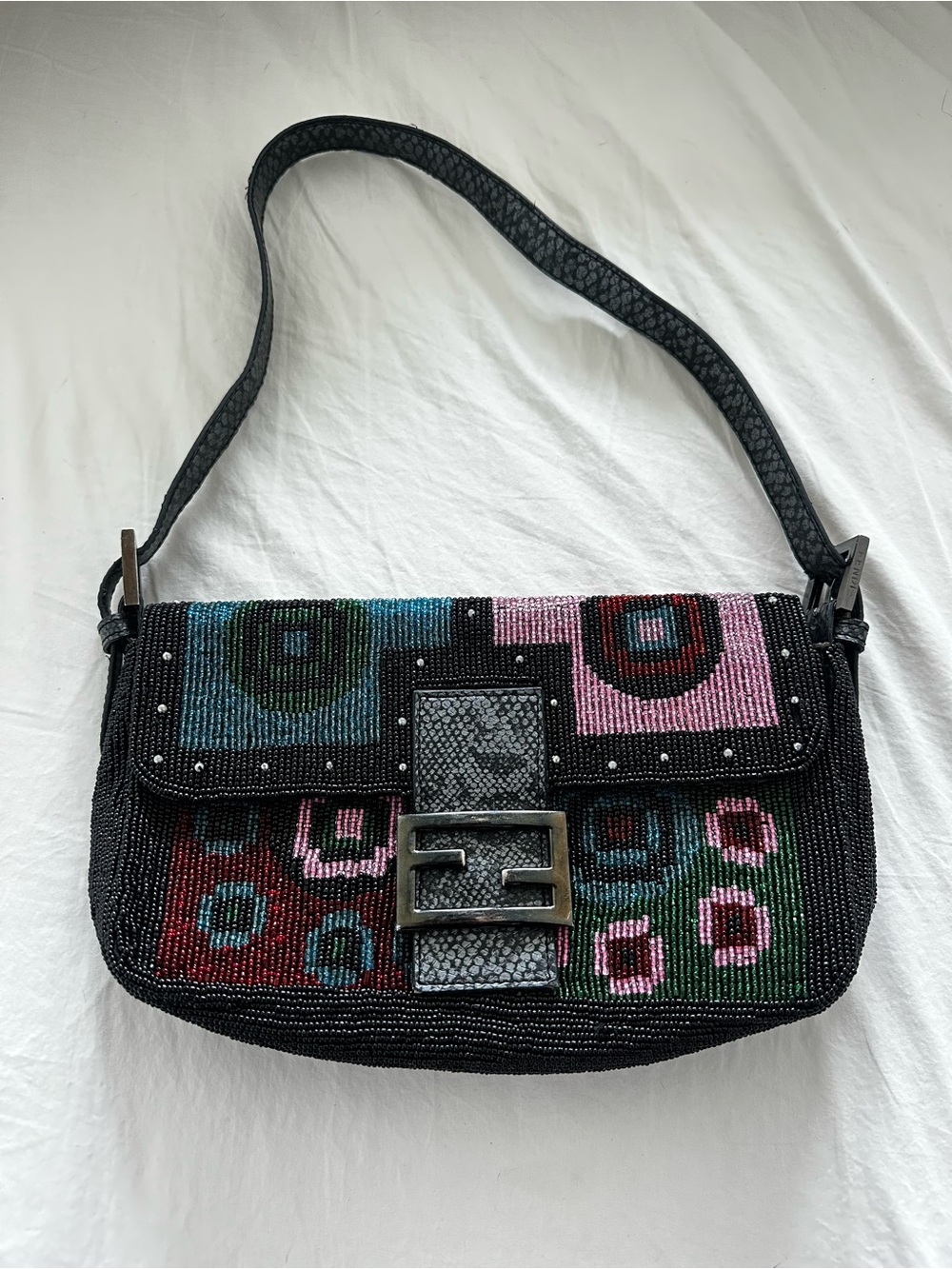 SOLD ❤️ Fendi Zucca FF Lizard-Trim Beaded Baguette - Picture 2 of 16